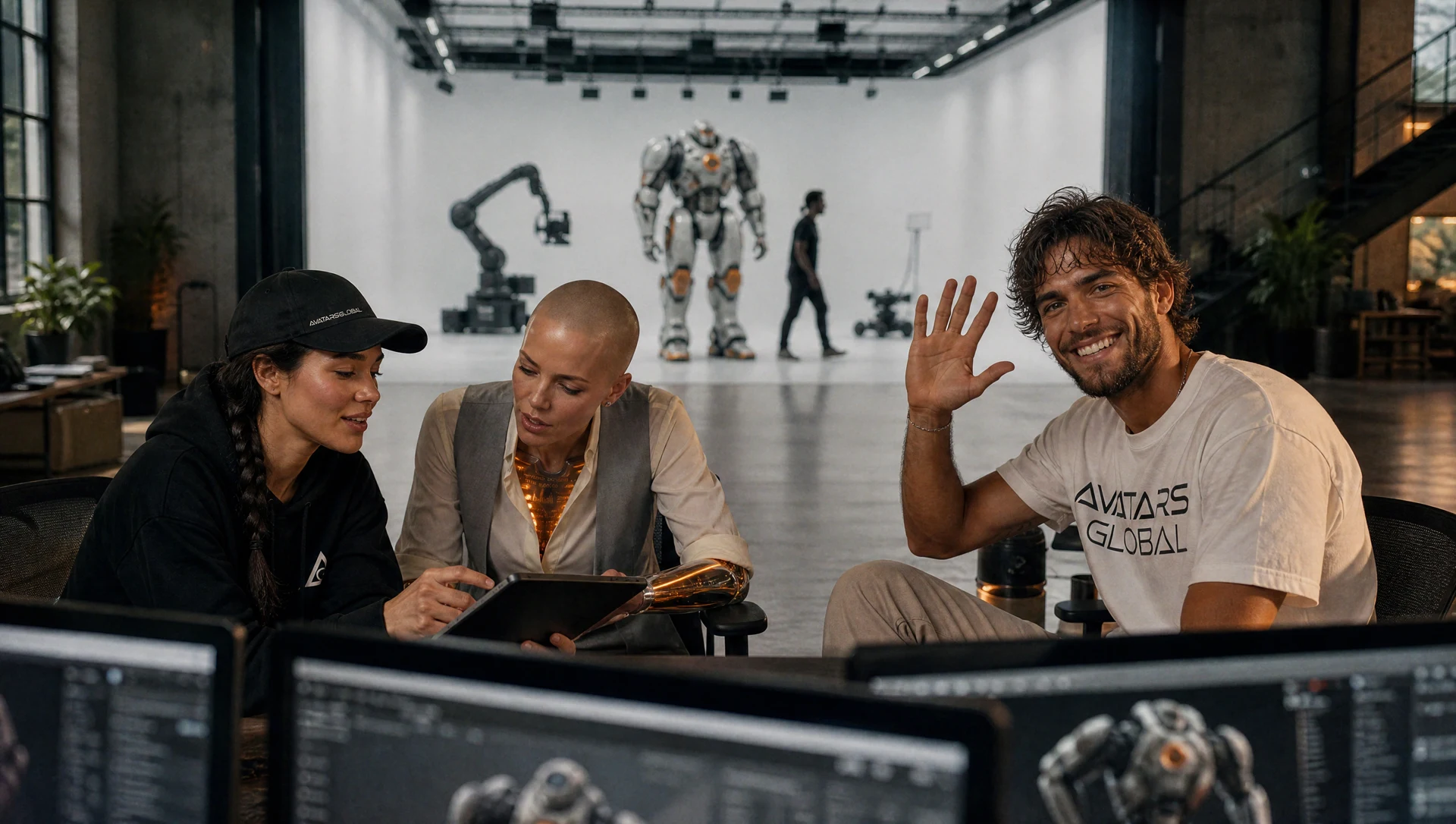 The Avatars Global team reviewing a tablet in the studio, with Brodi waving