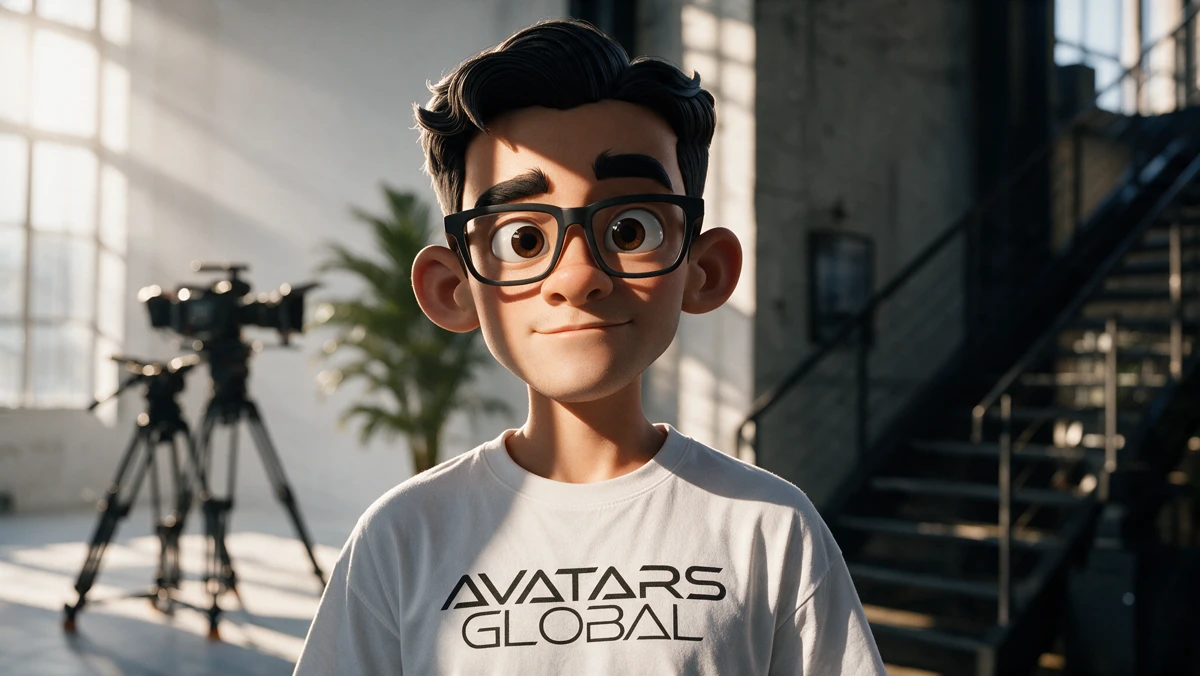 A glasses-wearing animated avatar in the Avatars Global studio