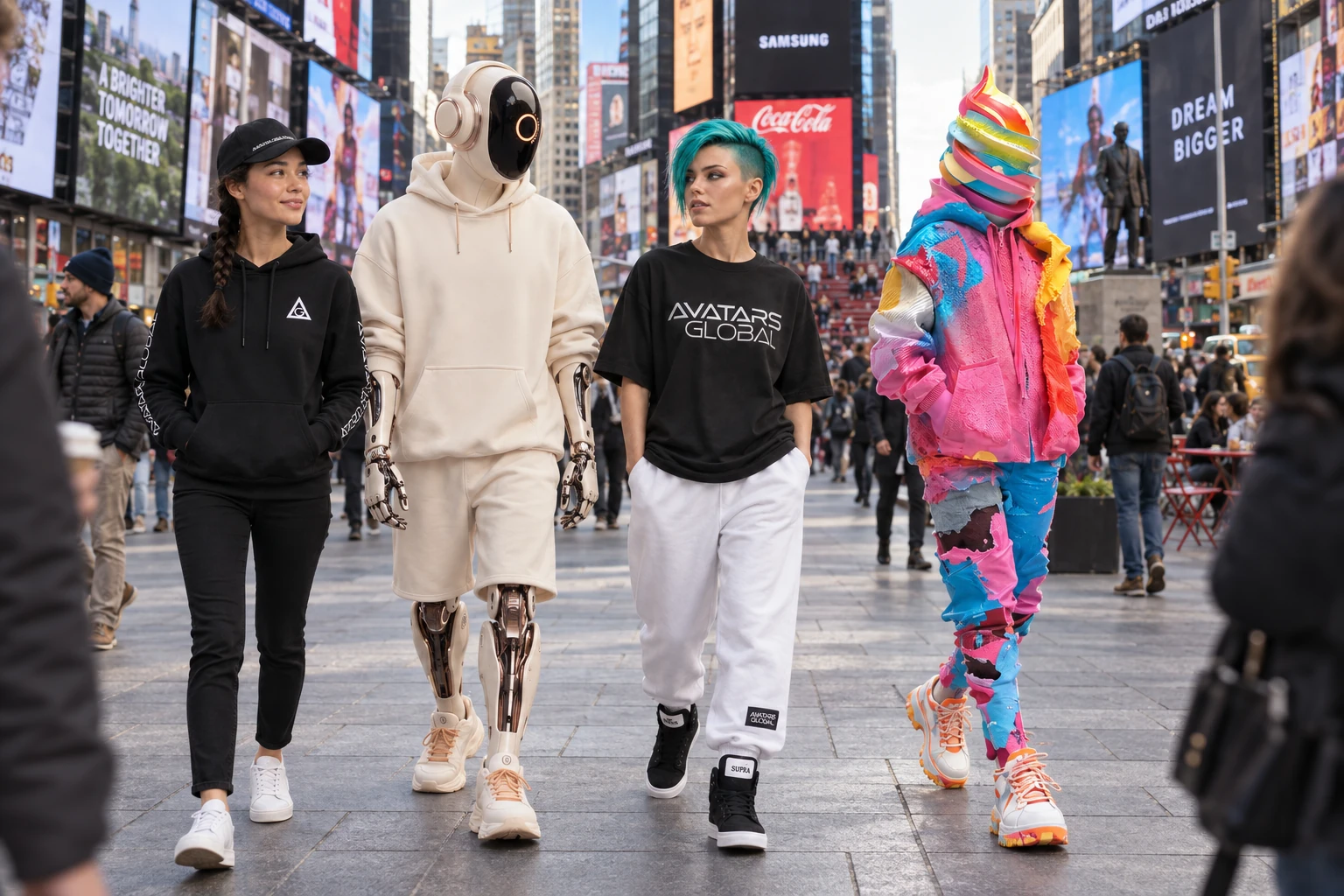Four Avatars Global characters together in Times Square