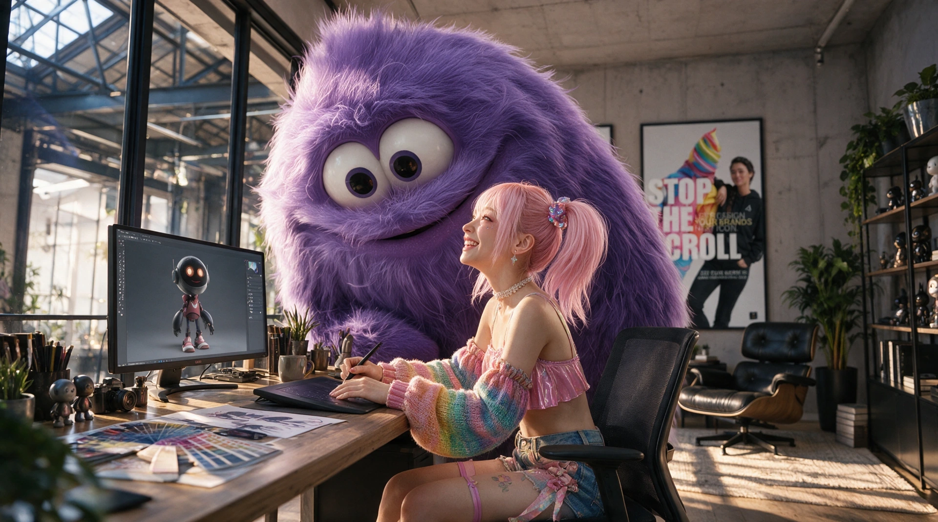 A pink-haired avatar and purple character creating together in the studio