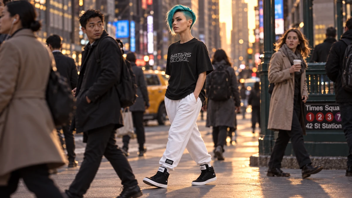 A teal-haired avatar walking through Times Square