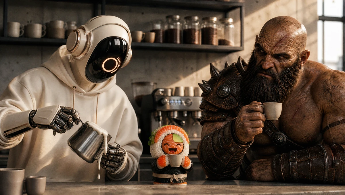 Robot, warrior and sushi characters sharing coffee