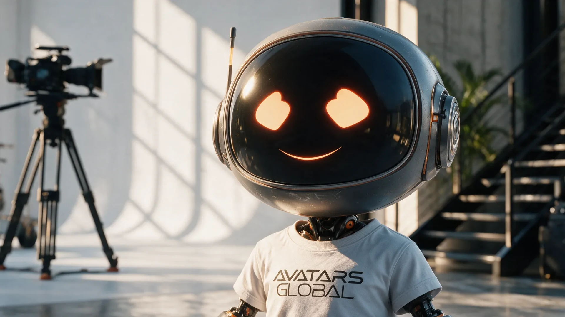 A friendly robot character wearing an Avatars Global shirt in the studio