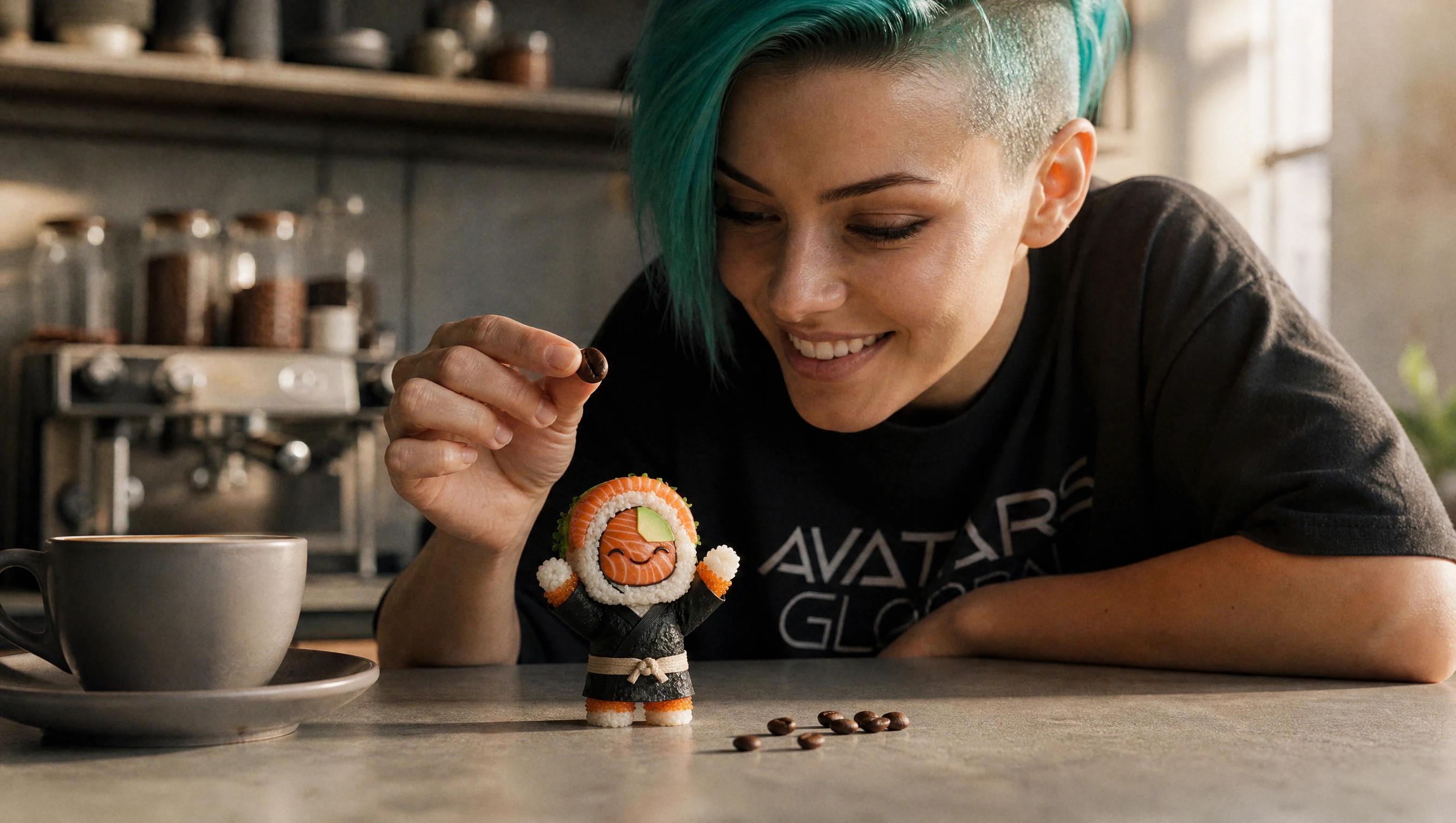A teal-haired Avatars Global team member with a tiny sushi character at a cafe