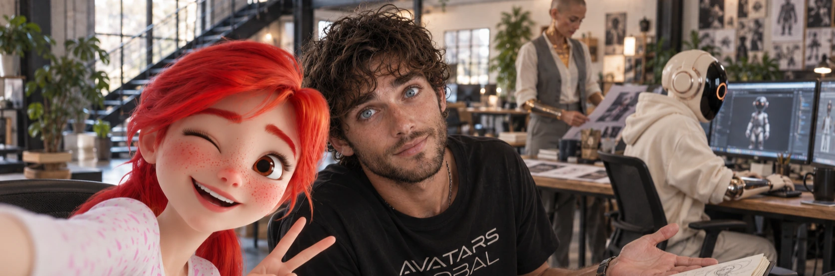 A red-haired Avatars Global character and a team member sharing a selfie in the studio