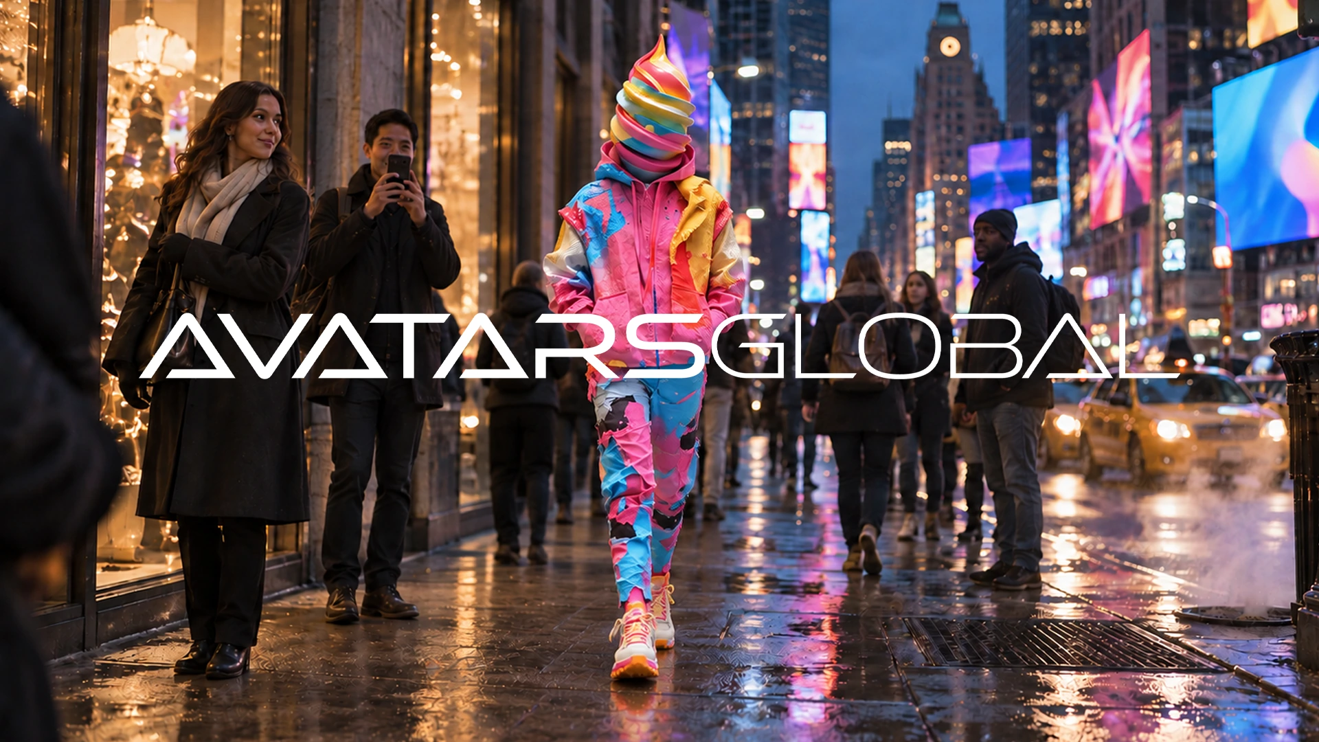 A colourful ice-cream character in Times Square beneath the Avatars Global wordmark