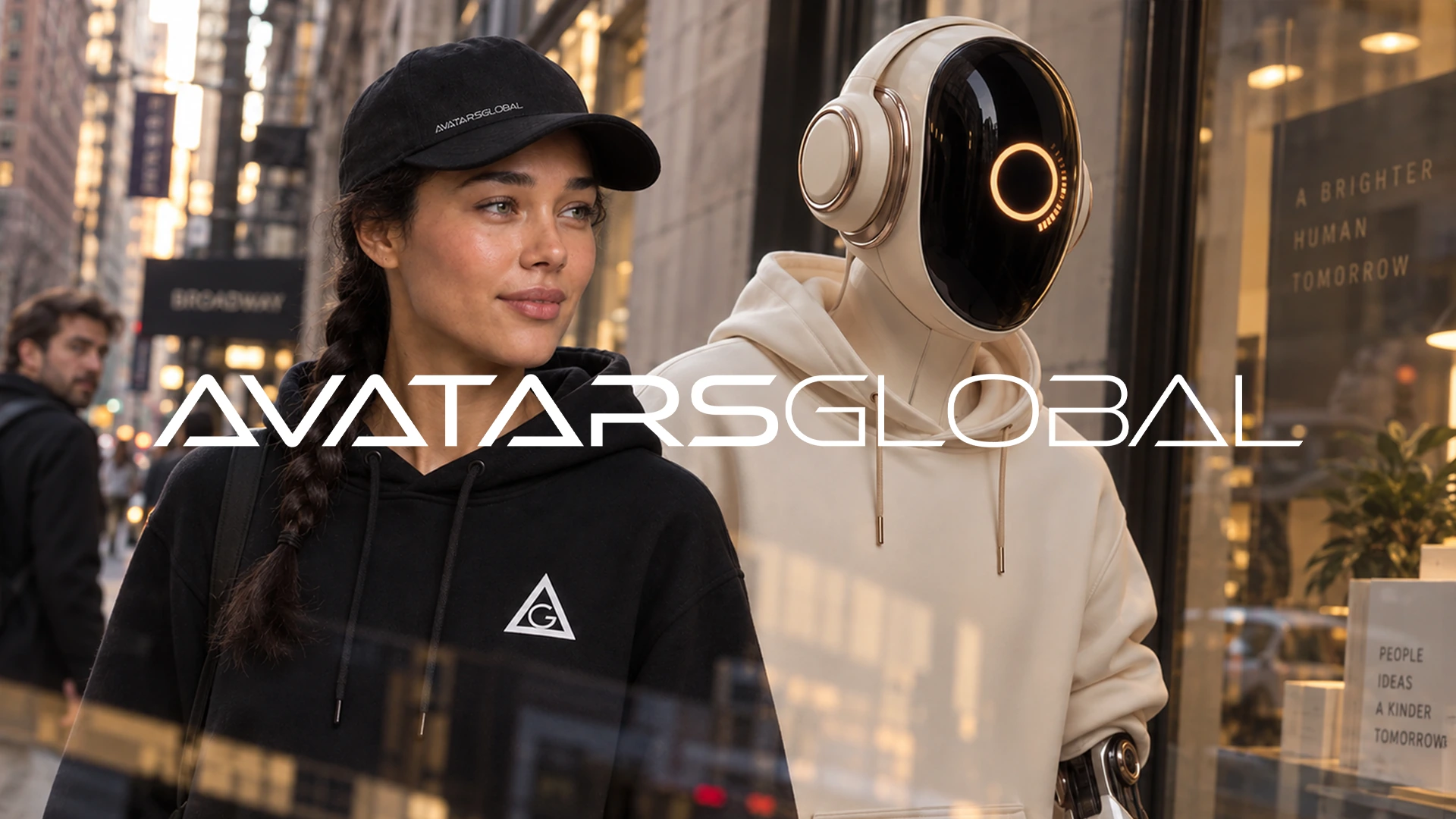 An Avatars Global character and a cream-coloured robot on a city street beneath the Avatars Global wordmark