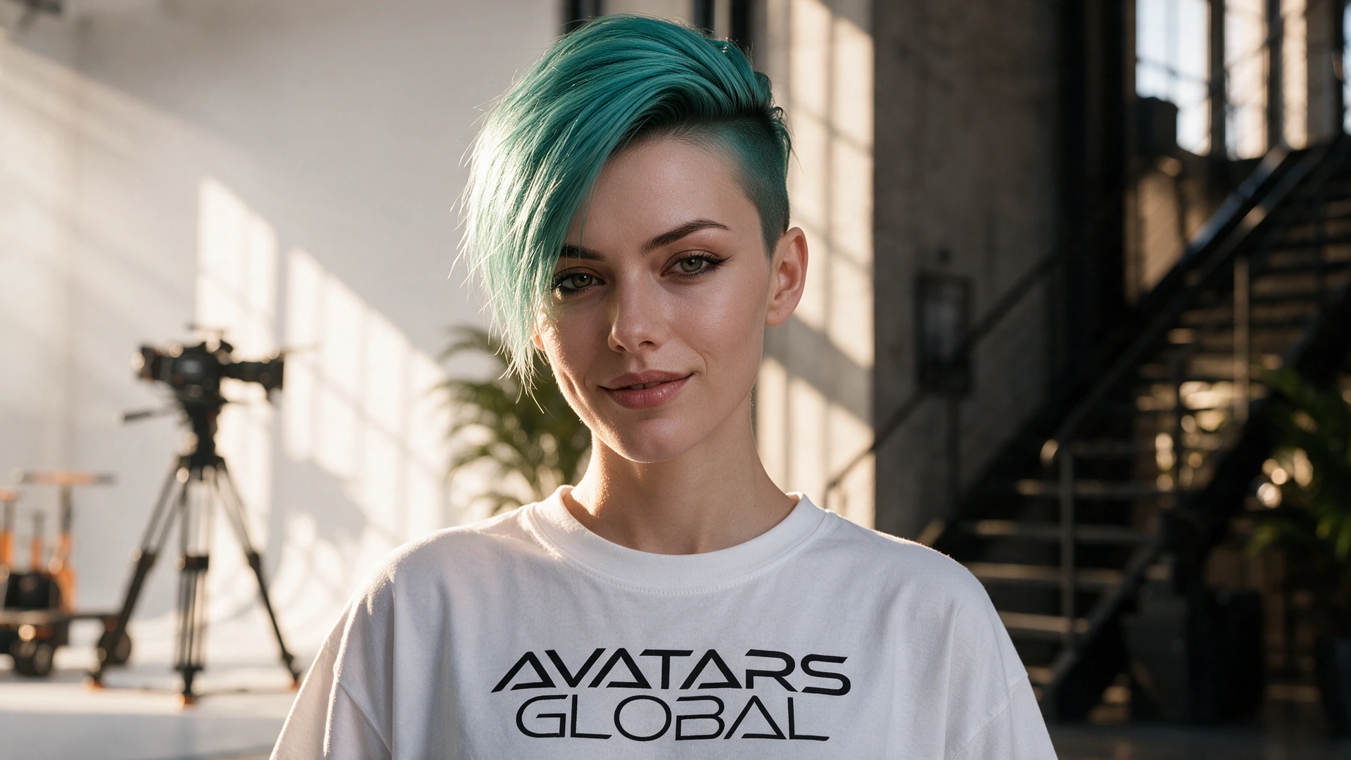 A teal-haired interactive avatar wearing an Avatars Global shirt in the studio