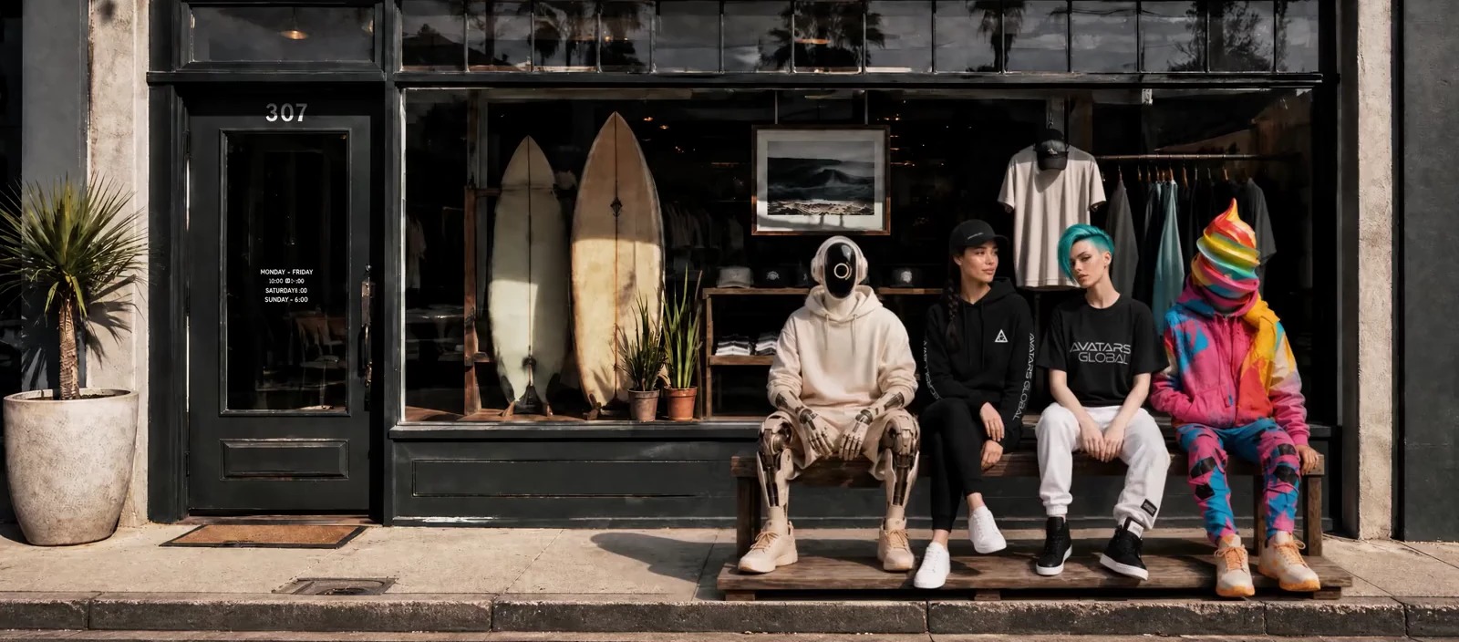 The Avatars Global crew outside the surf shop