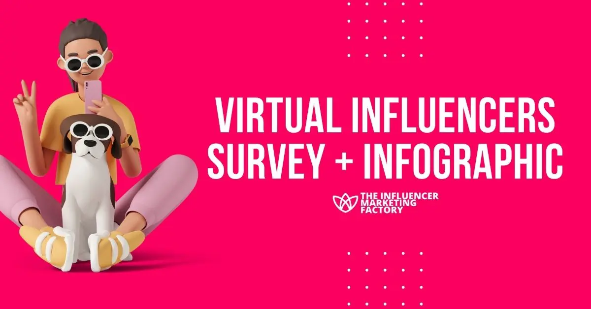 The Influencer Marketing Factory’s Virtual Influencers Survey and Infographic artwork, with a digital character and dog on pink.