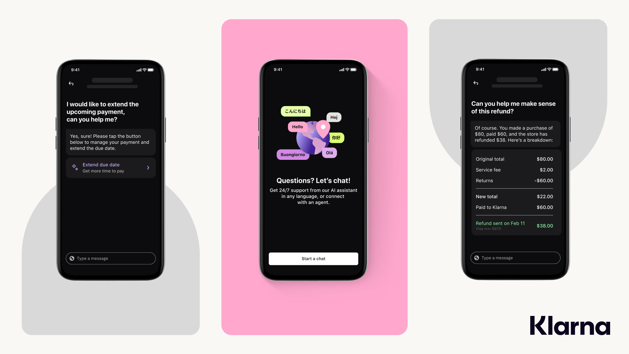 Klarna’s AI assistant shown on three phone screens for payment extensions, multilingual support and refund explanations.