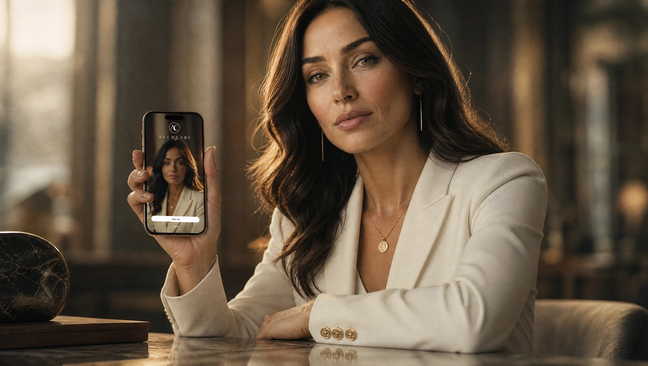 Aver seated at a table holding the AverCare app
