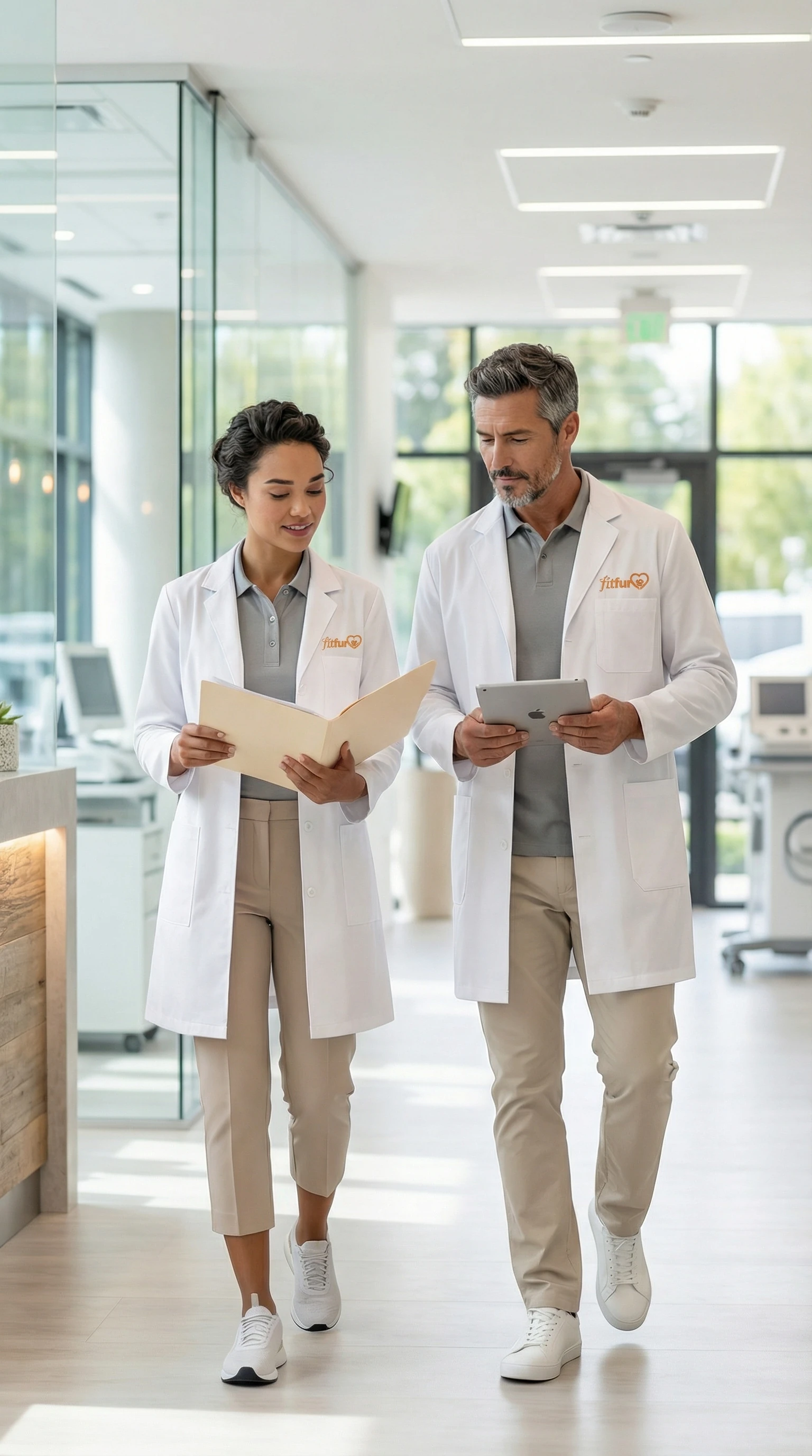 Kat and Adam reviewing a folder and tablet in the clinic