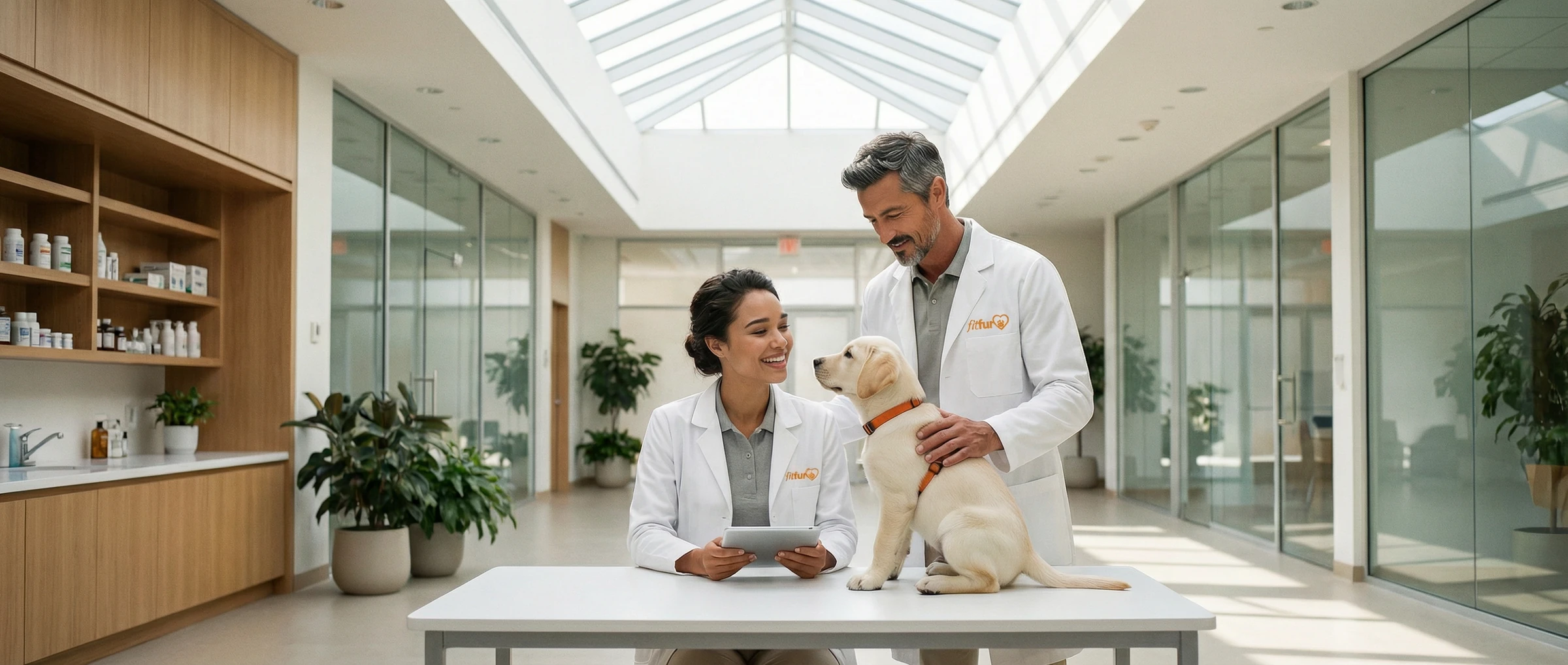 Kat and Adam caring for a puppy in the FitFur clinic