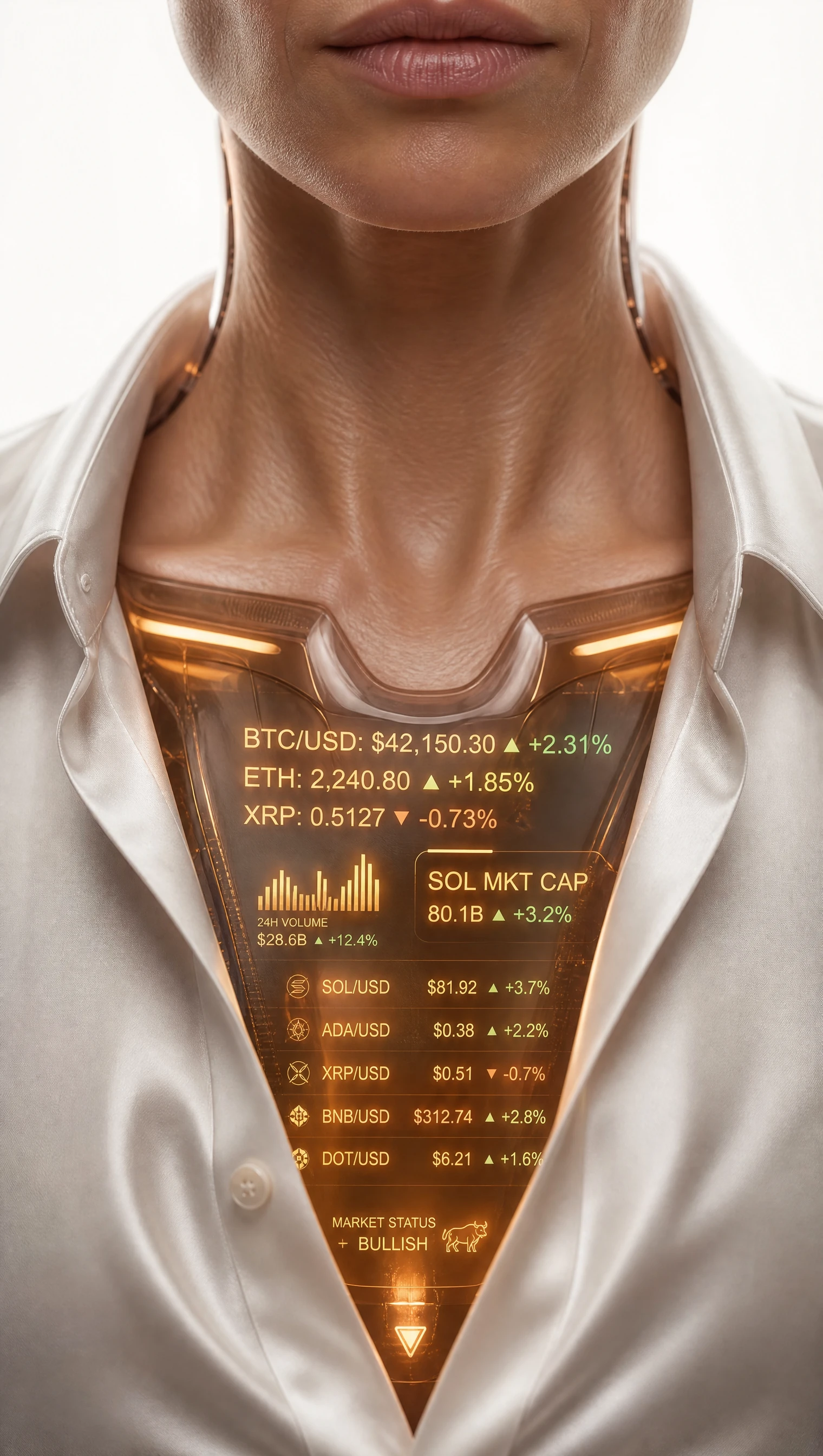 Mayson's upper chest with an illuminated financial data display