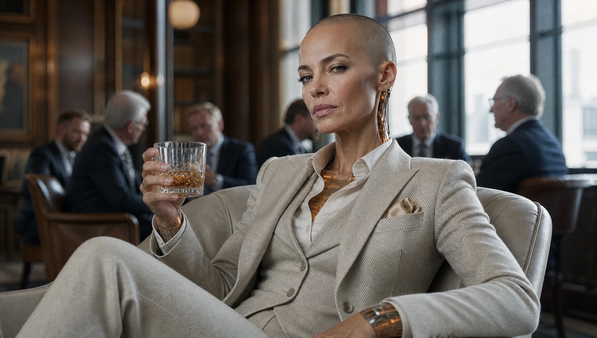 Mayson seated in a lounge holding a drink