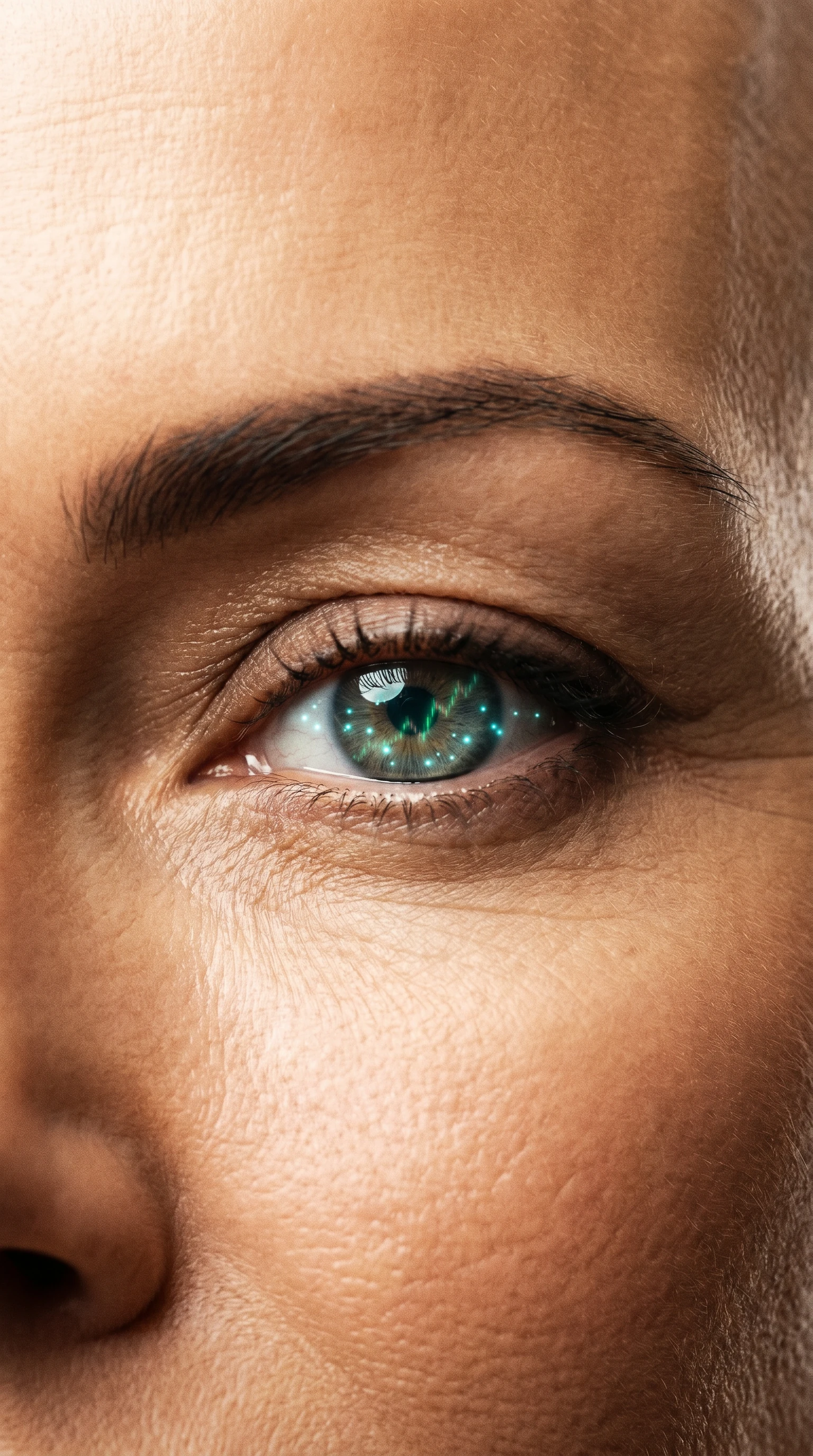 Close-up of Mayson's eye with illuminated digital details