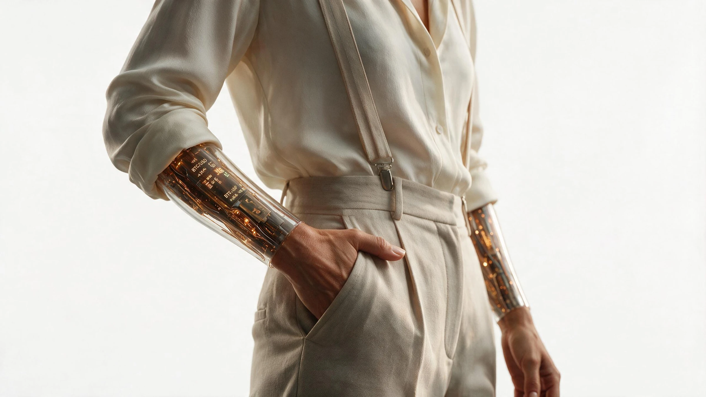 Detail of Mayson's transparent forearm and tailored suit