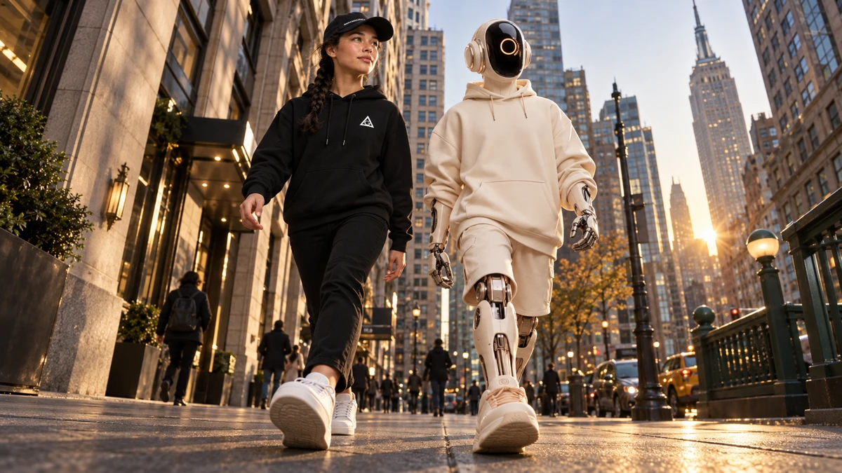 An Avatars Global character and robot walking through the city