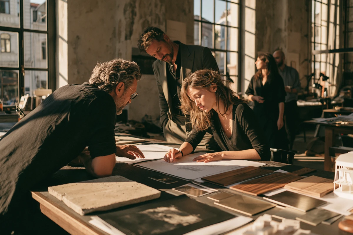 A creative team reviewing designs together in a studio