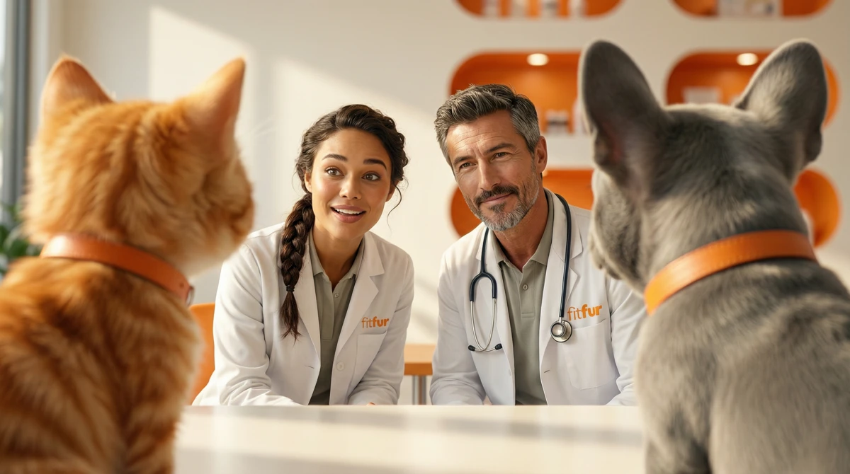 FitFur veterinarians talking with Cleo and Dash